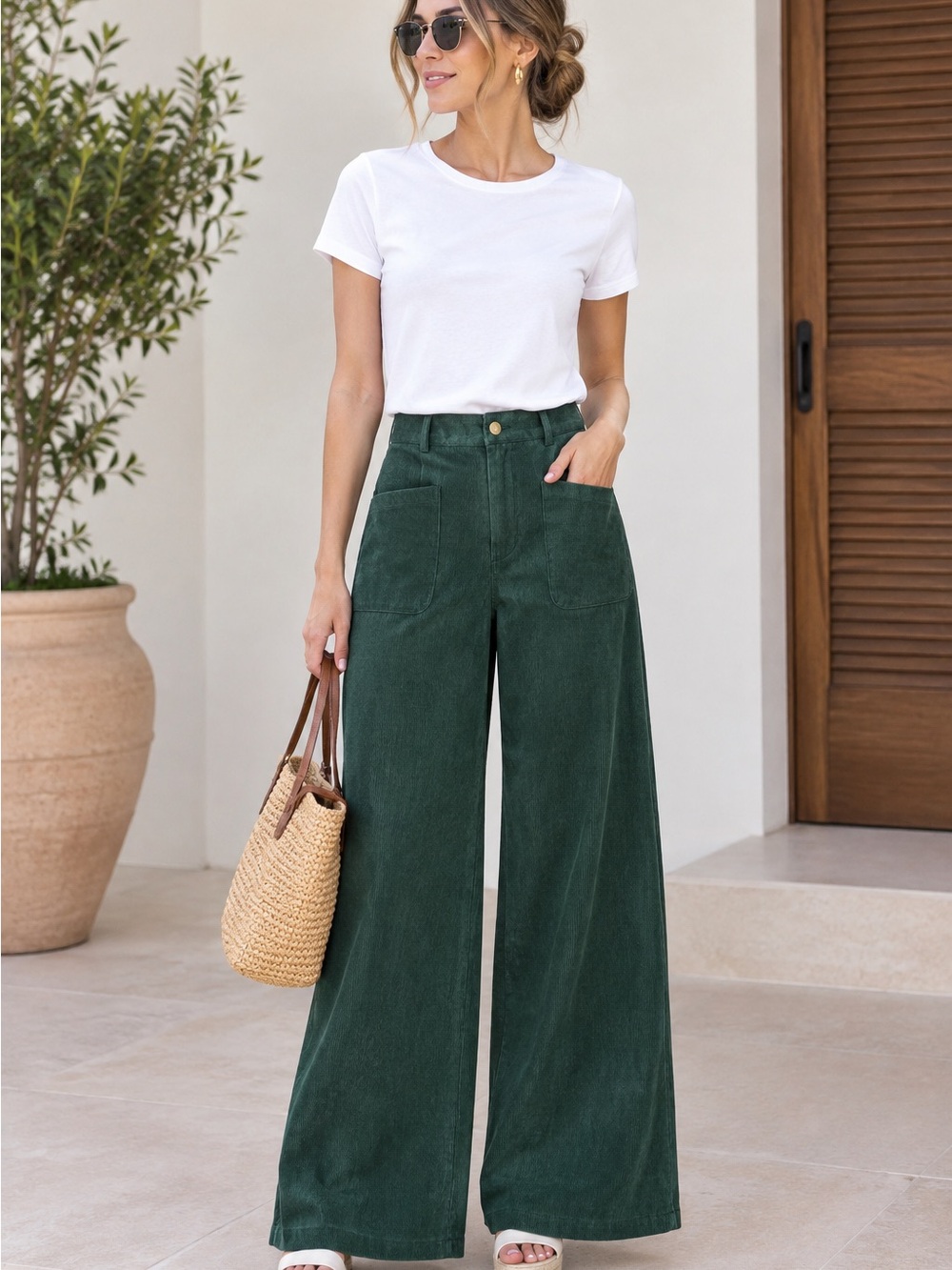 Women Wide-Leg Corduroy Pants in Forest Green size M with Zip,Pockets casual
